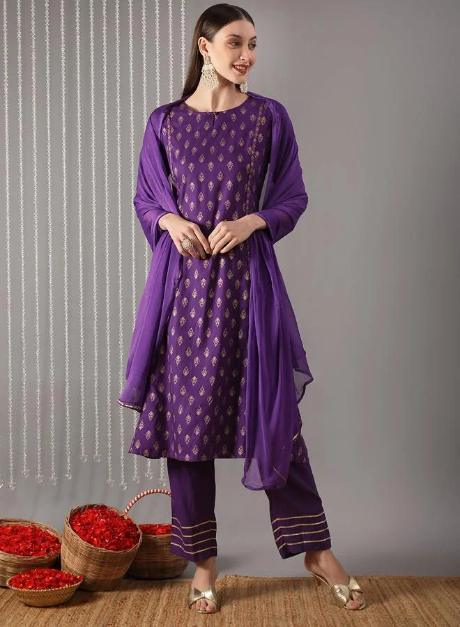 Globus  Women Purple A-Line Kurta with Pant and Dupatta Set for Women | Best Price UAE